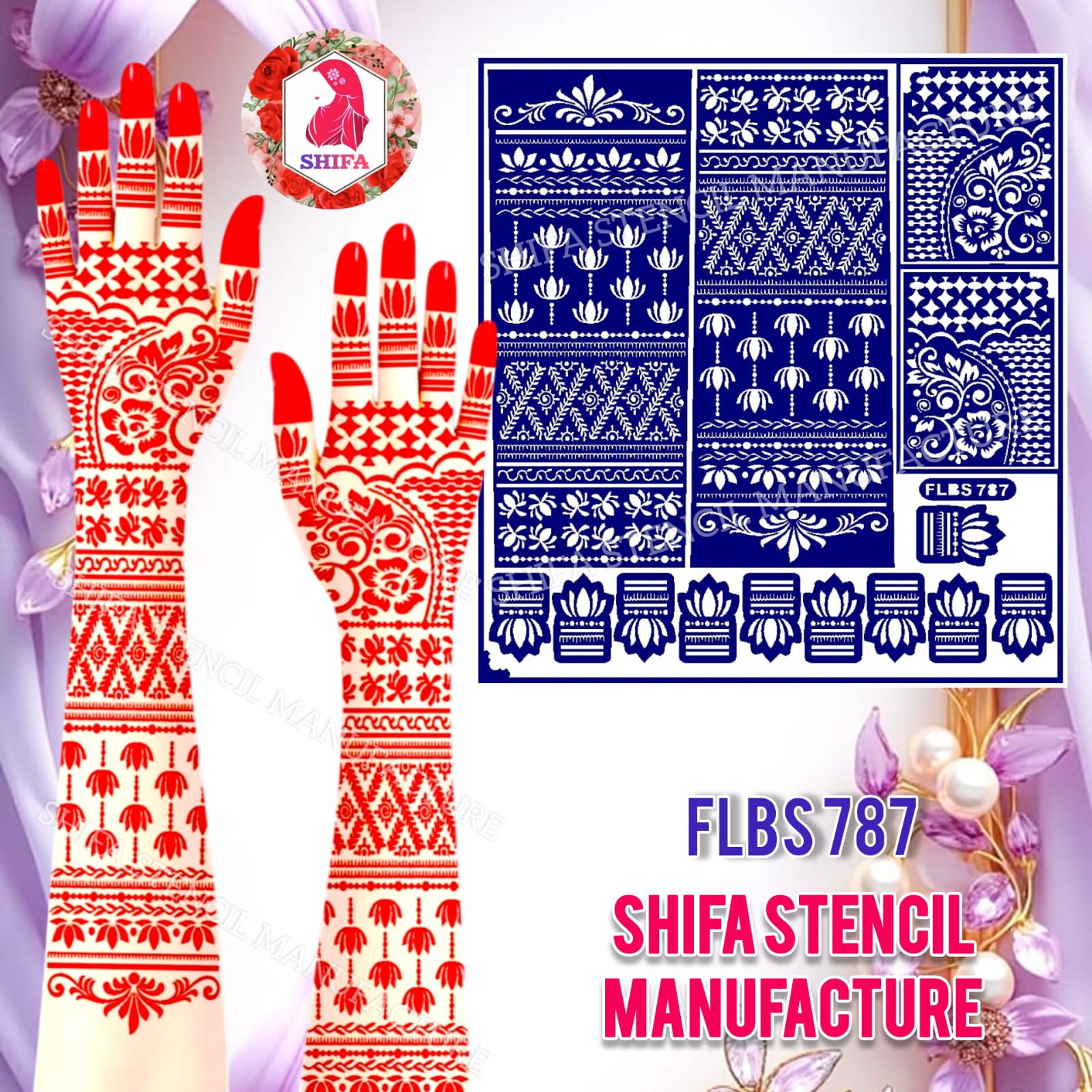 FLBS 787 Lotus Garden Elegance Sticker Overview Henna Stencil - Shifa Stencil